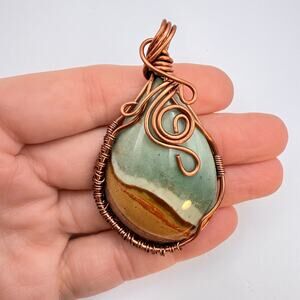 Handmade Artisan Polychrome Jasper Stone Pendant Copper Wire Large Bold Boho